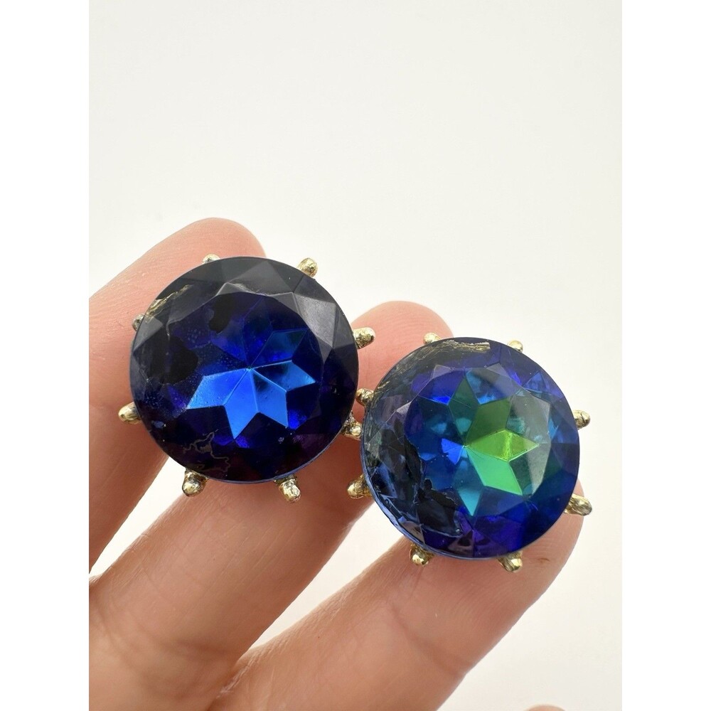 Vintage Blue Rhinestone Clip On Earrings Gold Tone